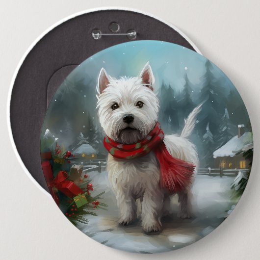 ウエストハイランドホワイトテリアの犬と雪のクリスマス 缶バッジ (正面&裏面)