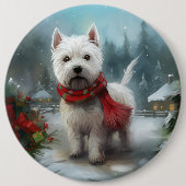 ウエストハイランドホワイトテリアの犬と雪のクリスマス 缶バッジ (正面)