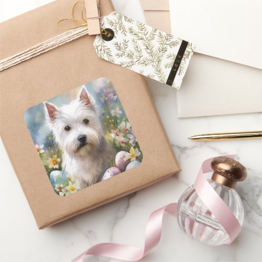 ウエストハイランドホワイトテリアイースターエッグホリデー スクエアシール (ギフト)