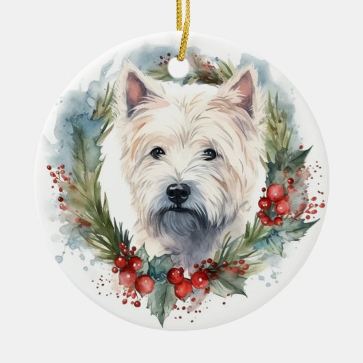 ウエストハイランドホワイトテリアクリスマスリース セラミックオーナメント (正面)