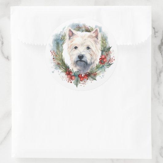 ウエストハイランドホワイトテリアクリスマスリース ラウンドシール (バッグ)