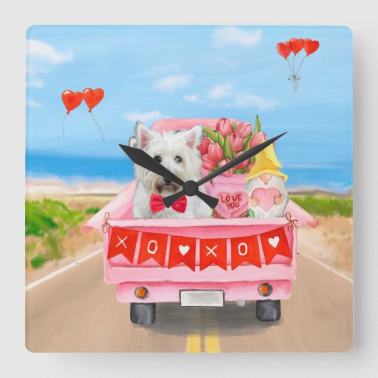 ウエストハイランドホワイトテリアバレンタインズデイトラック スクエア壁時計 (正面)