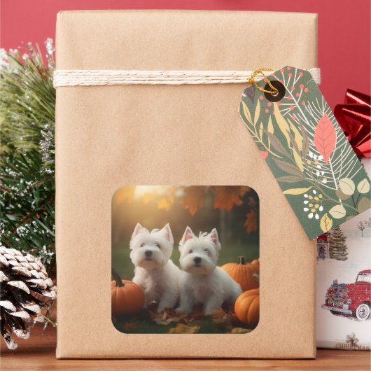 ウエストハイランドホワイトテリアパピーオータムカボチャ スクエアシール (クリスマス)