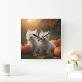 ウエストハイランドホワイトテリアパピーオータムカボチャ スクエア壁時計 (ホーム)