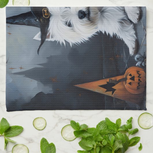 ウエストハイランドホワイトテリアパンプキンハロウィーン キッチンタオル (折り畳み)