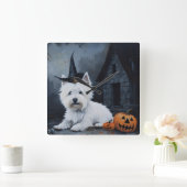 ウエストハイランドホワイトテリアパンプキンハロウィーン スクエア壁時計 (ホーム)