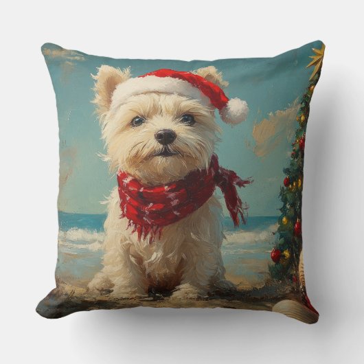 ウエストハイランドホワイトテリアードッグクリスマスビーチ クッション (正面)