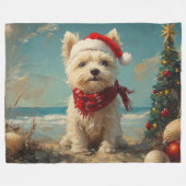 ウエストハイランドホワイトテリアードッグクリスマスビーチ フリースブランケット (正面(横))