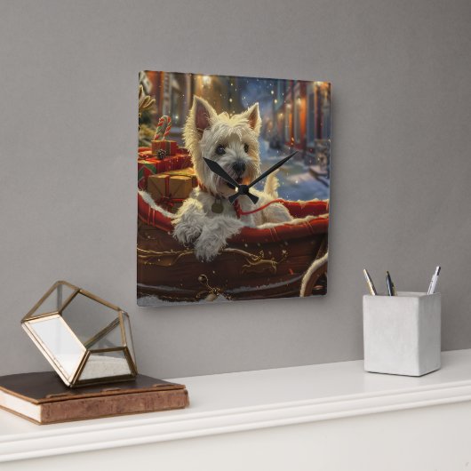 ウエストハイランドホワイトテリアードッグクリスマスフェスティバル スクエア壁時計 (オフィス)