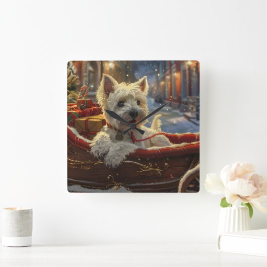 ウエストハイランドホワイトテリアードッグクリスマスフェスティバル スクエア壁時計 (ホーム)