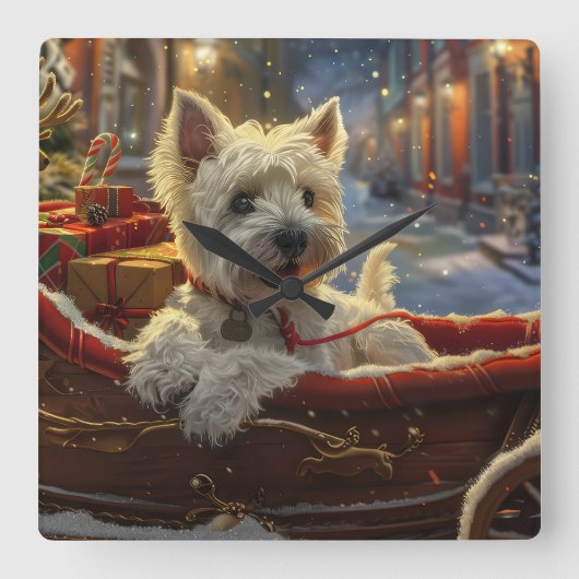 ウエストハイランドホワイトテリアードッグクリスマスフェスティバル スクエア壁時計 (正面)