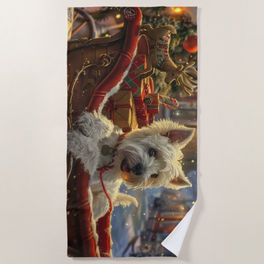 ウエストハイランドホワイトテリアードッグクリスマスフェスティバル ビーチタオル (正面)