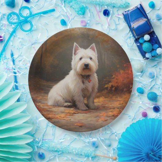 ウエストハイランドホワイトテリアin紅葉秋 ペーパープレート (パーティー)