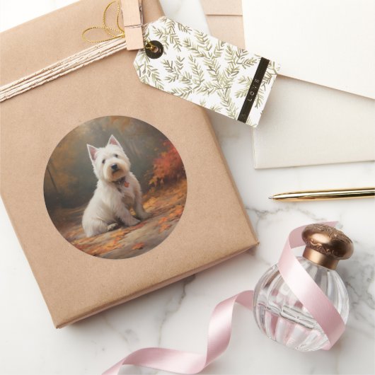 ウエストハイランドホワイトテリアin紅葉秋 ラウンドシール (ギフト)