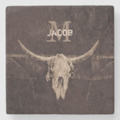 ウエス素朴タンブラウンベージュオールドブルスカルモノグラム ストーンコースター (正面)