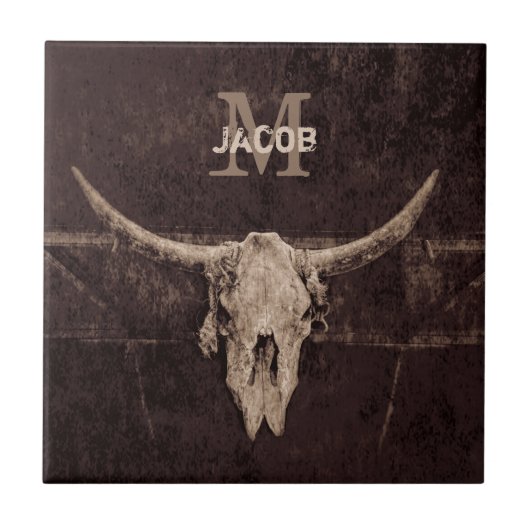 ウエス素朴タンブラウンベージュオールドブルスカルモノグラム タイル (正面)