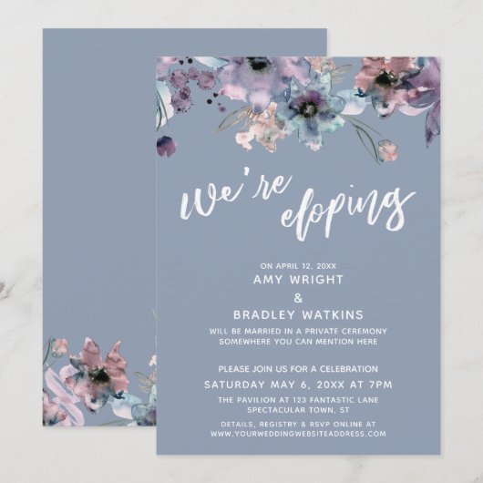 ウエディングエロープメント スクリプト ダスティーブルー ウォーターカラー フローラル 招待状 (正面/裏面)