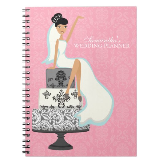 ウエディングケーキ{ピンク}の黒髪の花嫁 ノートブック (正面)