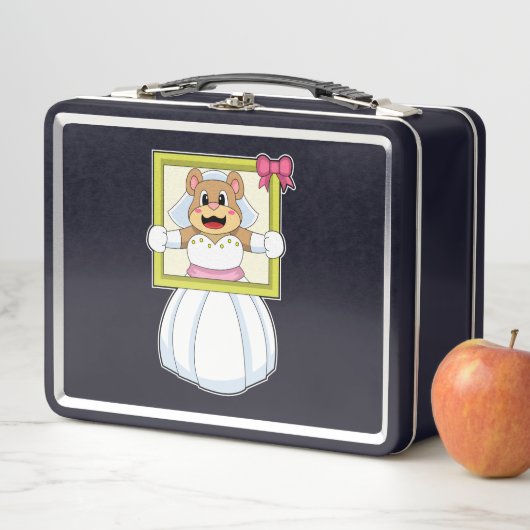 ウエディングドレスと写真立てをした花嫁としてのクマ メタルランチボックス (インサイチュ)