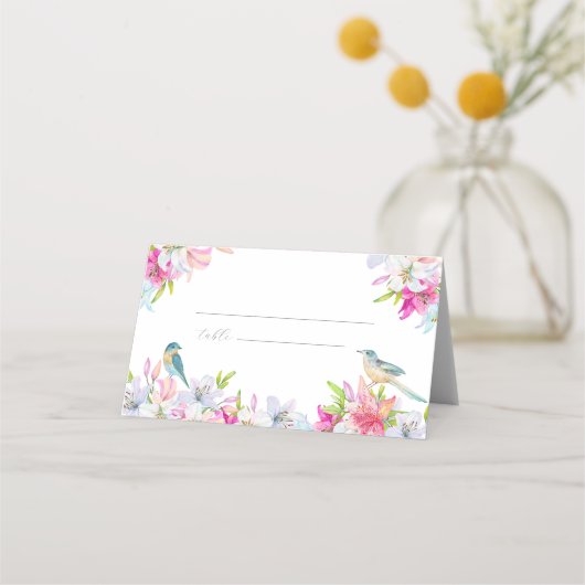 ウエディングフラワーユリと鳥の水彩 プレイスカード (正面)