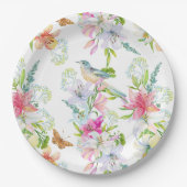 ウエディングフラワーユリと鳥の水彩 ペーパープレート (正面)
