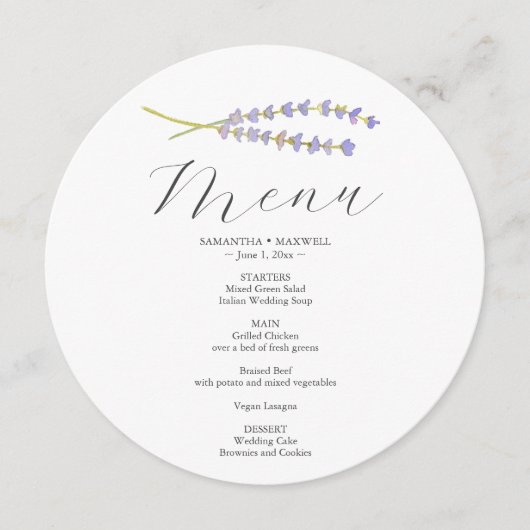 ウエディングラベンダー用の印刷されたメニューカード メニュー (正面)