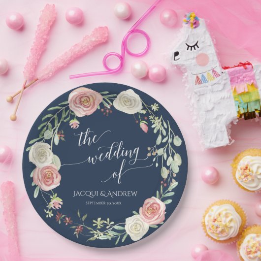 ウエディングレセプションネイビー赤面アイボリーバラリース ペーパープレート (パーティー)