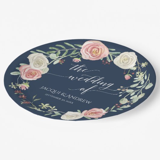 ウエディングレセプションネイビー赤面アイボリーバラリース ペーパープレート (アングル)