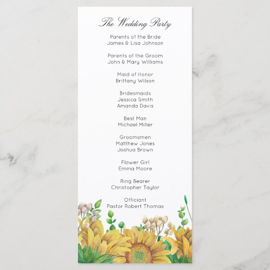 ウエディング素朴プログラムひまわり国の式 プログラム (裏面)