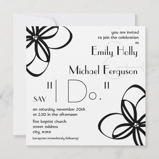 ウエデモダンィング招待-白と白に花を添え 招待状 (正面)