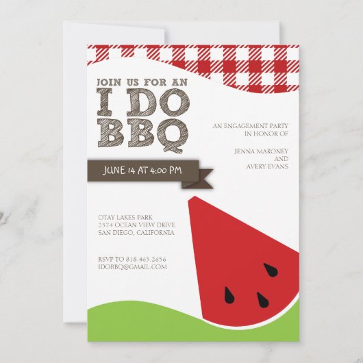 ウォターマロンアート付きの BBQ での結婚式の約束パーティー 招待状 (正面)
