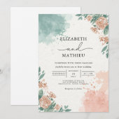 ウォッシュコーラル&ティール（緑がかった色）フローラアーチ結婚ーズ 招待状 (正面/裏面)