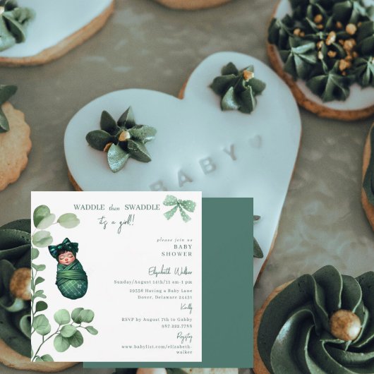 ウォドルとスワドルガールグリーンベイビーシャワー 招待状