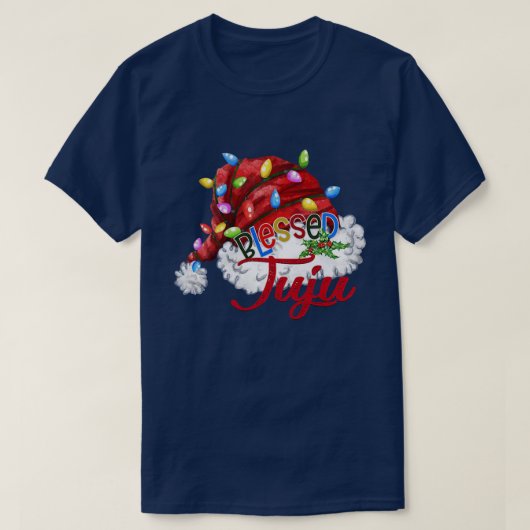 ウォメンズウ賛美メンズジュジュサンタハットクリスマスライト Tシャツ (デザイン正面)