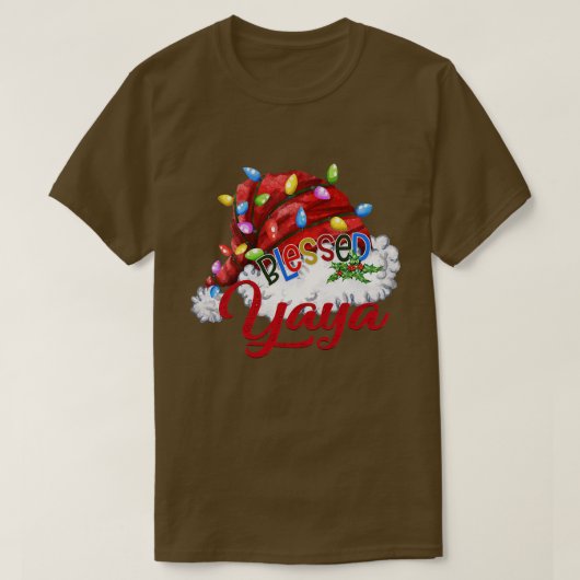 ウォメンズウ賛美メンズヤヤサンタハットクリスマスライト Tシャツ (デザイン正面)
