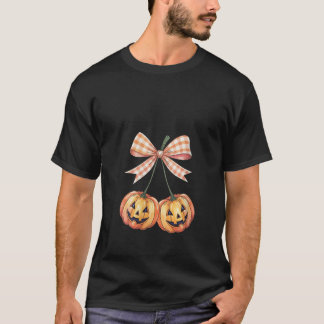 ウォメンズキュートカボンプキンハロウィーンのカボチャのちょうちんと弓おもしろいV Tシャツ