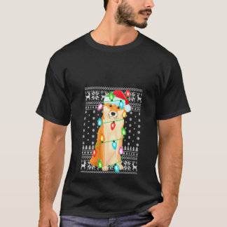 ウォメンズクリスマス照明サンタハット醜い柴犬Chri Tシャツ
