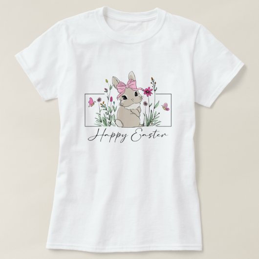 ウォメンズハッピーイースターバニーフローラ Tシャツ (デザイン正面)