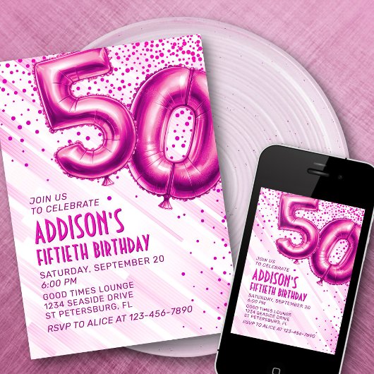 ウォメンズピンク50th誕生日招待状 招待状