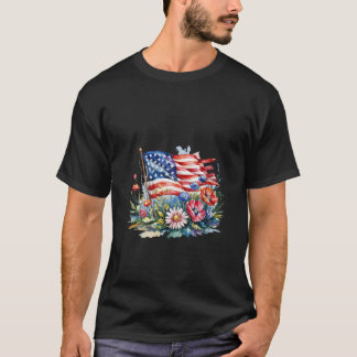 ウォメンズフローラアメリカ4th 7月USA国旗Patriotic Tシャツ
