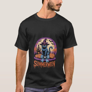 ウォメンズレトロ黒猫不気味かわいいアートサマウィーン Tシャツ