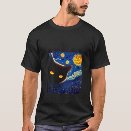 ウォメンズヴァンゴッホ星空ナイトキャットハロウィーンブラックC Tシャツ (正面)