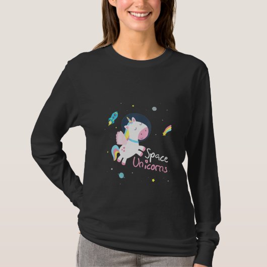 ウォメンズ宇宙ユニコーン宇宙飛行士宇宙ロケット星雲 Tシャツ (正面)