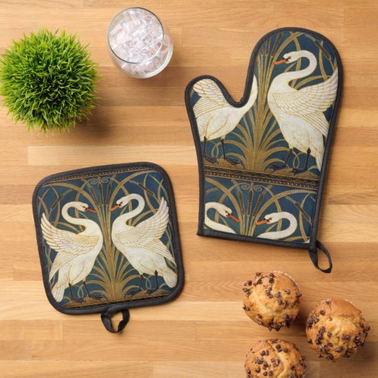 ウォルタークレーン – Swan, Rush And Irisアールヌーボー 鍋つかみ&鍋敷きセット (トップダウン)