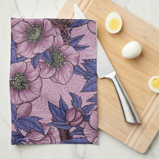 ウォレンとヘレボア、ピンクとバイオレット キッチンタオル (四つ折り)