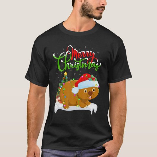 ウォンバおもしろいット動物愛好家クリスマス照明ウォンバットチャール Tシャツ (正面)