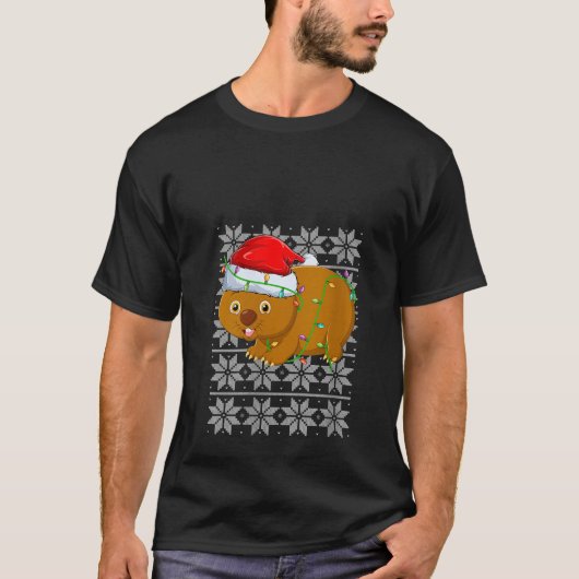 ウォンバットクリスマスライトサンタハットウォンバット醜いクリスマス Tシャツ (正面)
