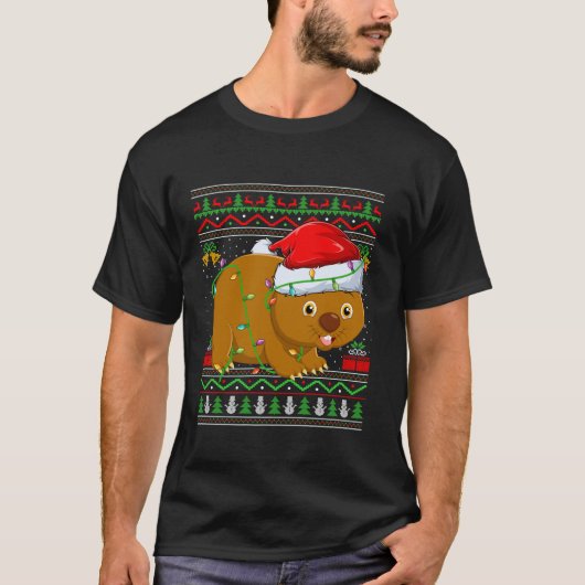 ウォンバットクリスマスライトサンタ醜いセータークリスマス Tシャツ (正面)