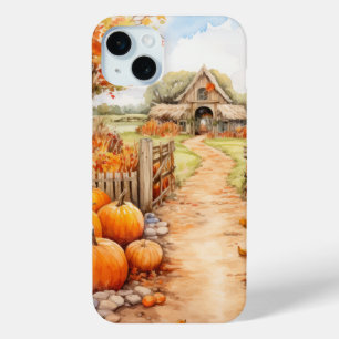 ウォーかわいらしトカラー秋秋の納屋とカボチャ iPhone 15 MINIケース