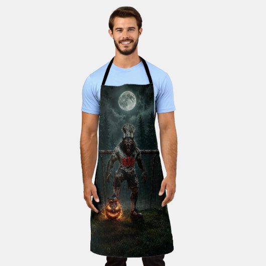 ウォーウルフサッカー選手のハロウィンホラーアート エプロン (着用した状態)